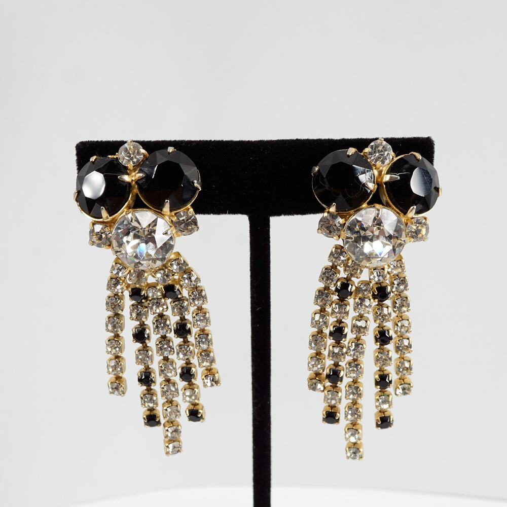 Vintage Hobe Rhinestone Chandelier Clip On Earrings Black Signed Regency